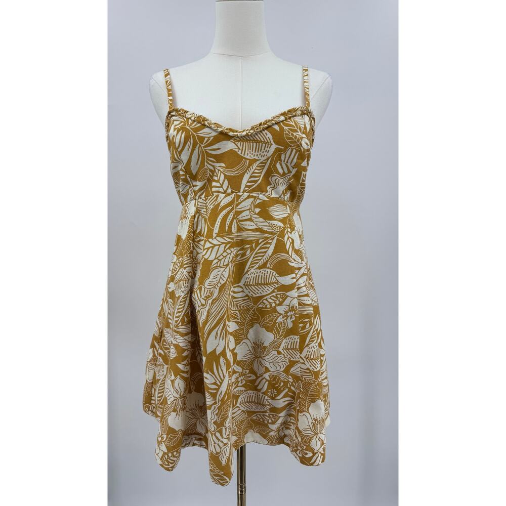 Sincerely Jules Mustard Floral Mini Dress Open Back Tropical Boho Size Medium